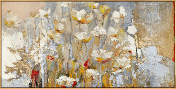 Gemälde „Frühlingsfeld“ horizontale florale Abstraktion in Pastellfarben.