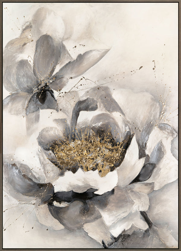 Gemälde „Die Magie der Pfingstrosen“ – florale Eleganz in Grau-Goldtönen