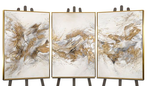 Gemälde "Brilliante Farbtöne" abstraktes Triptychon in einer hellen Palette mit goldenen Akzenten