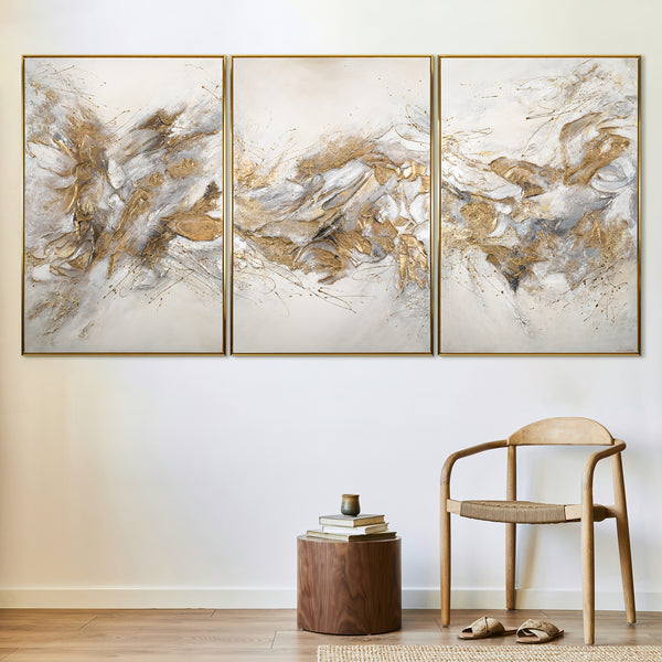 Gemälde "Brilliante Farbtöne" abstraktes Triptychon in einer hellen Palette mit goldenen Akzenten