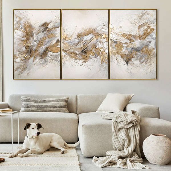 Gemälde "Brilliante Farbtöne" abstraktes Triptychon in einer hellen Palette mit goldenen Akzenten