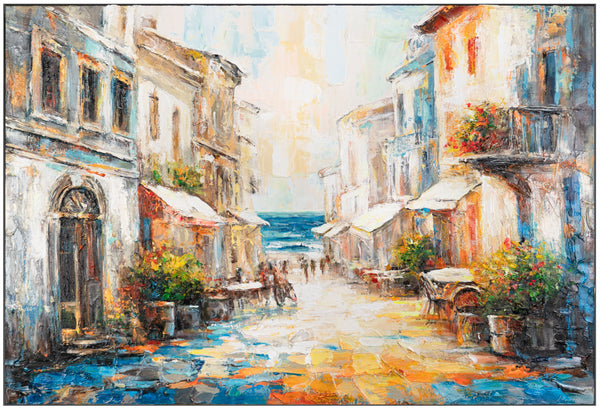 Gemälde „Warme Brise“ mediterrane Stadt in sonnigen Farben