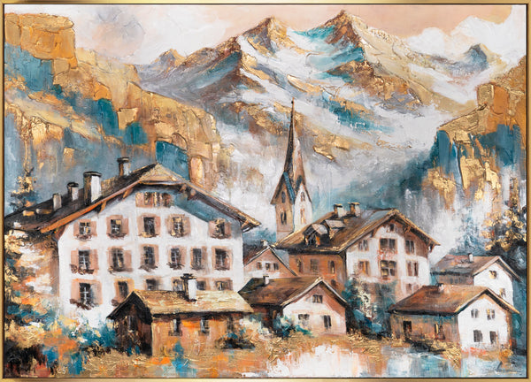 Gemälde „Sonniger Gipfel“ ein Bergdorf mit Blick auf die Alpen