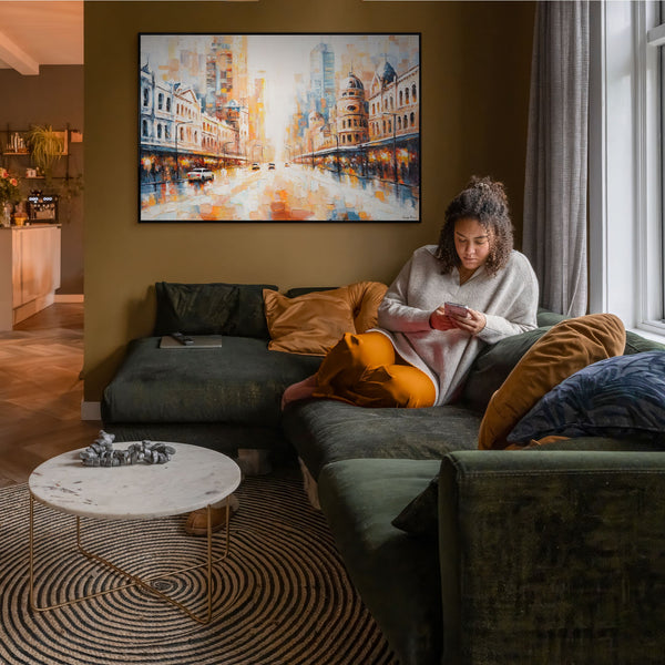 Gemälde „Rhythmus in der Stadt“ Architektur mit einer Atmosphäre der Bewegung