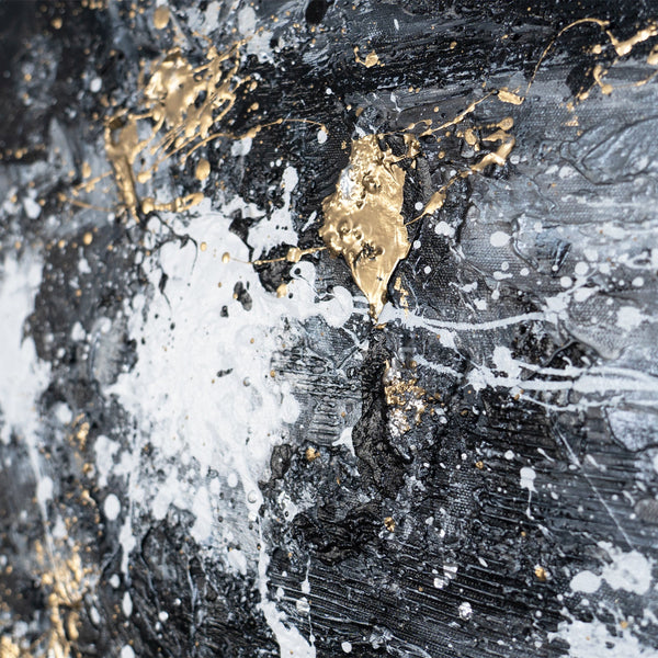Gemälde „Tanz der Spritzer“ – Abstraktion in Schwarz‑Weiß‑Gold