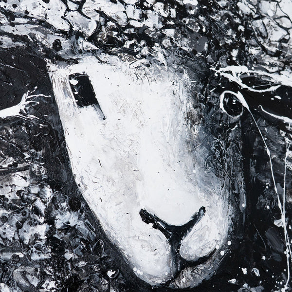Gemälde „Lockenkopf“ – strukturiertes Schafsporträt in Monochrom
