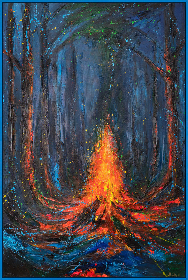 „Lied des Feuers“ – expressives Gemälde mit Flammen im Wald