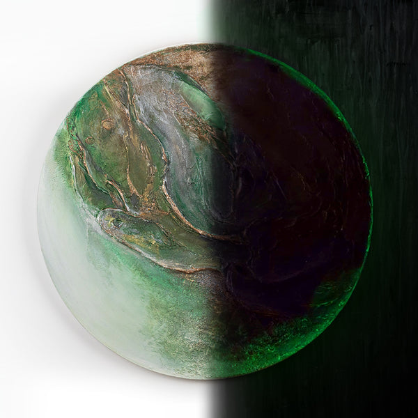 Gemälde "Grüner Orbit" runde strukturierte Abstraktion mit natürlichem Charakter und leuchtendem Effekt