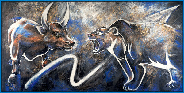 Gemälde "Bulle und Bär" symbolische Doppelkomposition mit Lichteffekt