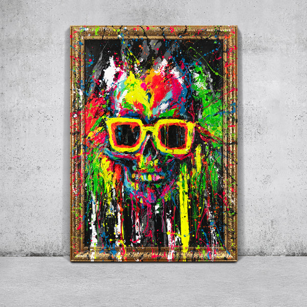 Gemälde "Totenkopf in Neon" moderne Streetart Kunst mit Neonspritzern