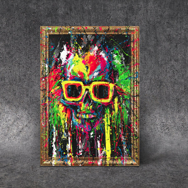 Gemälde "Totenkopf in Neon" moderne Streetart Kunst mit Neonspritzern