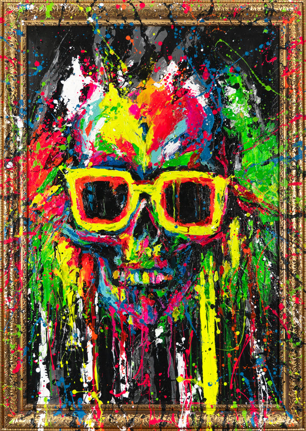 Gemälde "Totenkopf in Neon" moderne Streetart Kunst mit Neonspritzern