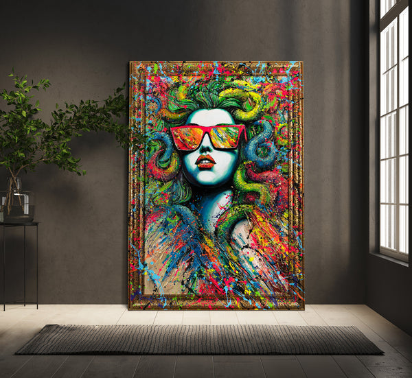 Gemälde „Schönheit in Neon“ Pop-Art-Porträt mit Elementen der Street-Art