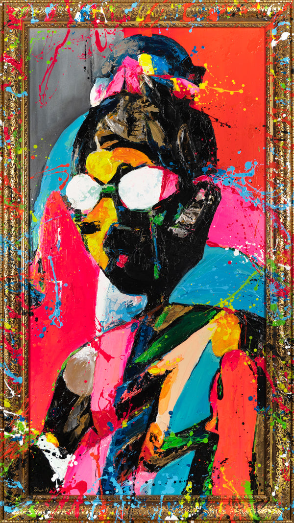 Gemälde "Stilikone" Pop-Art-Porträt in einer hellen Farbpalette
