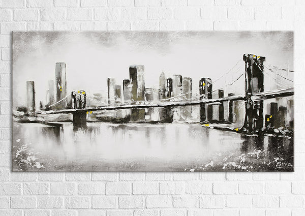 Gemälde „Stadt im Nebel“ Abstraktion mit einer Brücke in Schwarzweiß.