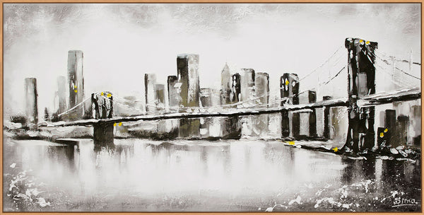 Gemälde „Stadt im Nebel“ Abstraktion mit einer Brücke in Schwarzweiß.