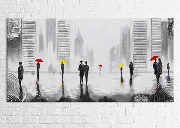 Gemälde "Unter den Regenschirmen" abstrakte urbane Szene im minimalistischen Stil