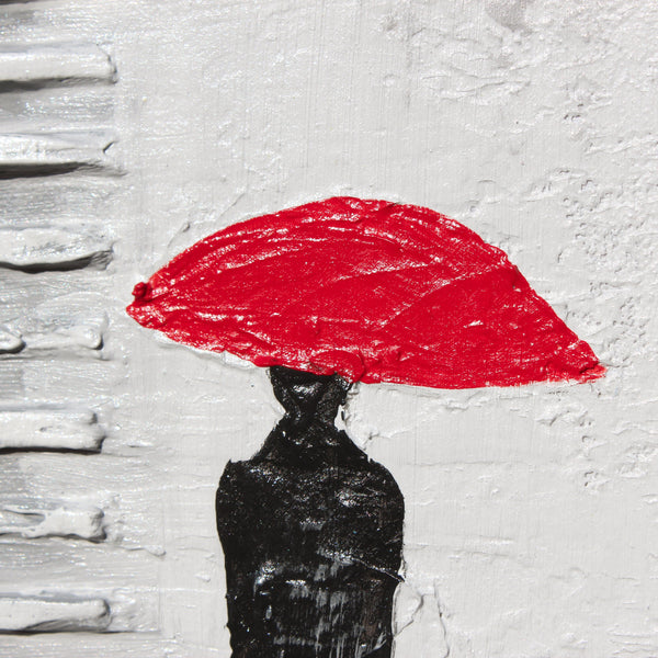 Gemälde "Unter den Regenschirmen" abstrakte urbane Szene im minimalistischen Stil