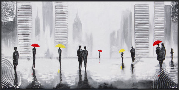 Gemälde "Unter den Regenschirmen" abstrakte urbane Szene im minimalistischen Stil