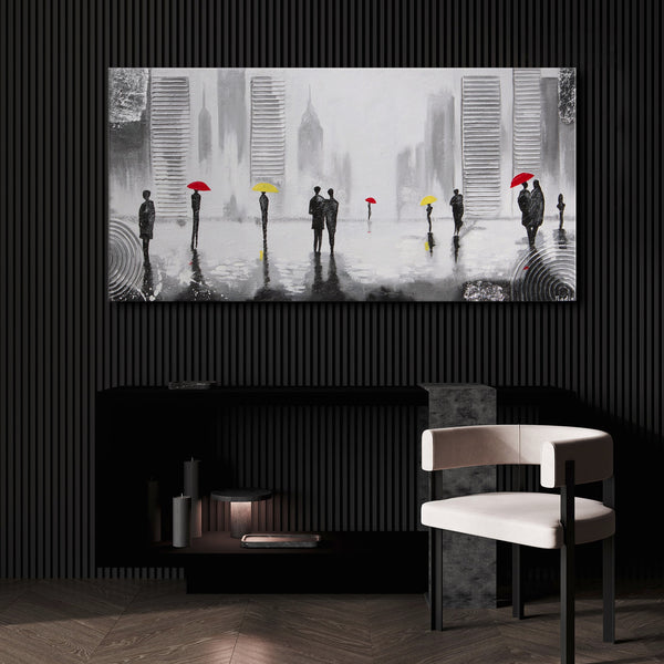 Gemälde "Unter den Regenschirmen" abstrakte urbane Szene im minimalistischen Stil