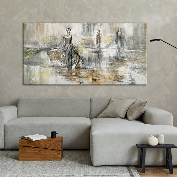 Gemälde "Modenschau" figurative Abstraktion in neutralen Tönen
