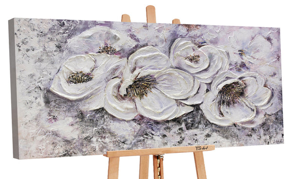 Gemälde "Lieblingsblumen" strukturierte Blütenblätter in schneeweißer Farbpalette