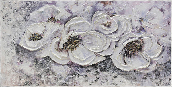 Gemälde "Lieblingsblumen" strukturierte Blütenblätter in schneeweißer Farbpalette