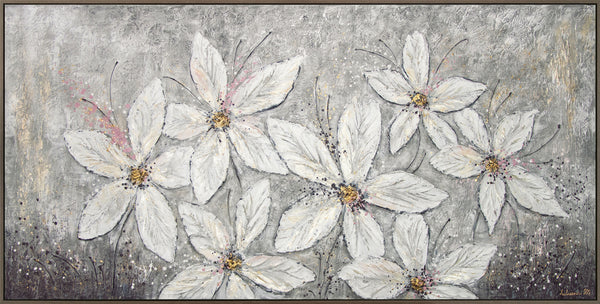 Gemälde "Blumenfantasie" zarte dreidimensionale Blüten in Grautönen