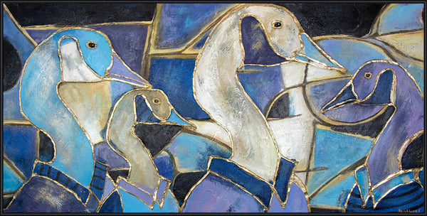 Gemälde "Glasmalerei" abstrakte Szene mit Gänsen im Jugendstil