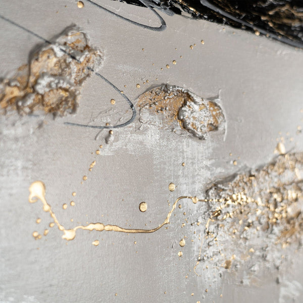 Gemälde „Linien im Sand“ dynamische Abstraktion in einer Gold-Graphit-Palette