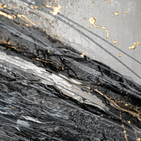 Gemälde „Linien im Sand“ dynamische Abstraktion in einer Gold-Graphit-Palette