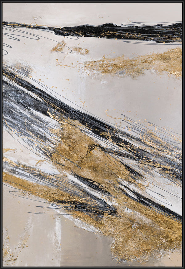Gemälde „Linien im Sand“ dynamische Abstraktion in einer Gold-Graphit-Palette