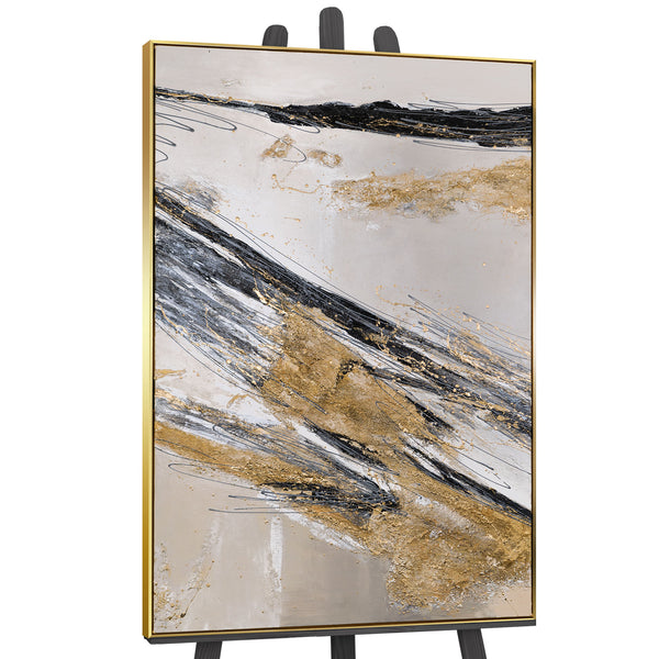 Gemälde „Linien im Sand“ dynamische Abstraktion in einer Gold-Graphit-Palette