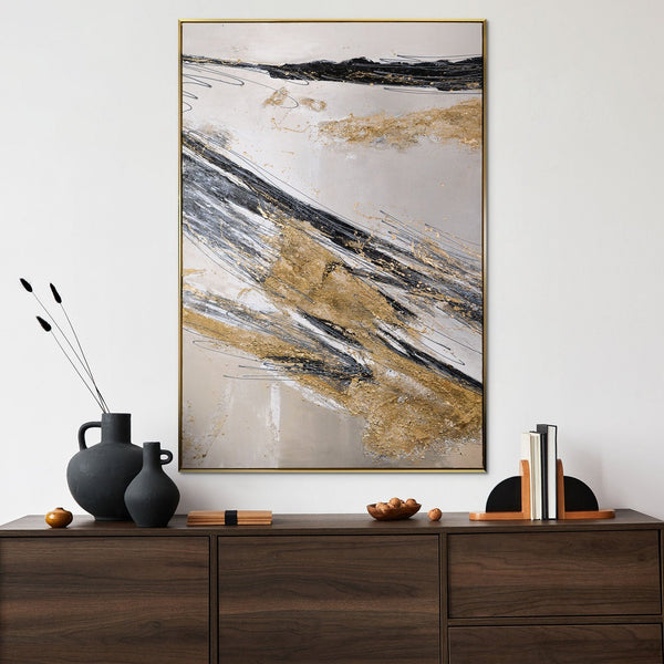 Gemälde „Linien im Sand“ dynamische Abstraktion in einer Gold-Graphit-Palette