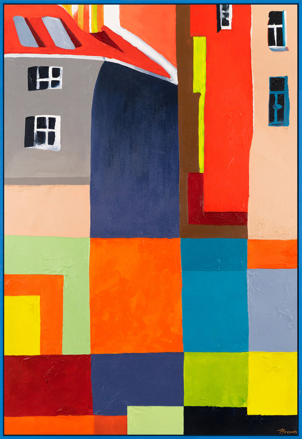 Gemälde "Stadt in Farbe" helle geometrische Abstraktion mit architektonischen Motiven