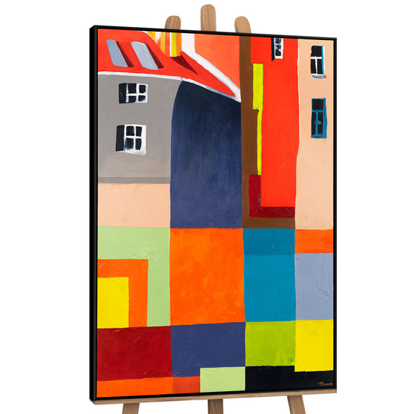 Gemälde "Stadt in Farbe" helle geometrische Abstraktion mit architektonischen Motiven