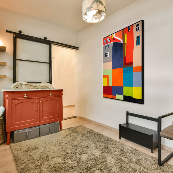 Gemälde "Stadt in Farbe" helle geometrische Abstraktion mit architektonischen Motiven