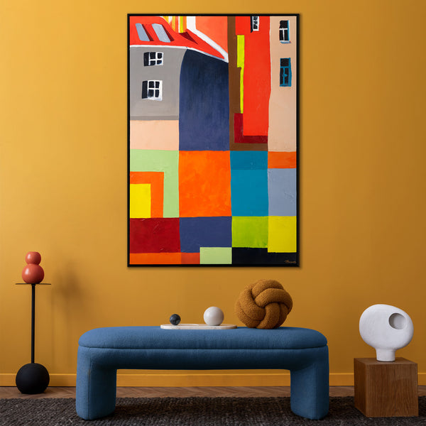 Gemälde "Stadt in Farbe" helle geometrische Abstraktion mit architektonischen Motiven