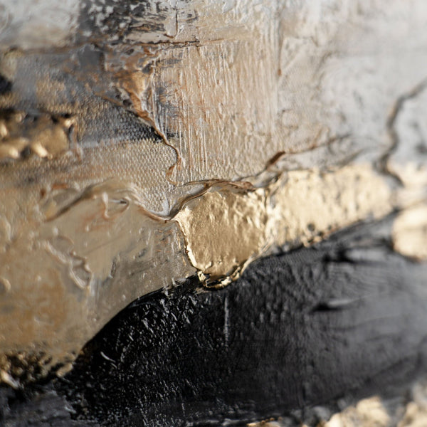 Gemälde „Höhle der Gedanken“  horizontale Abstraktion in Erd- und Graphittönen.