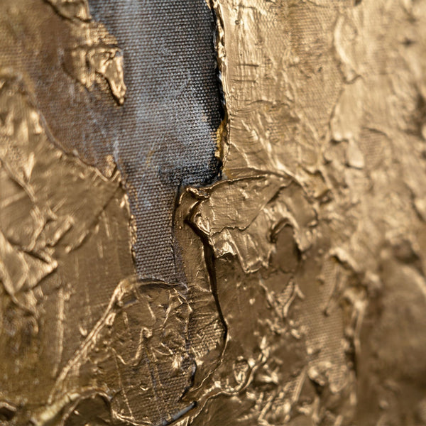 Gemälde "Die Präsenz der Form" vertikale Abstraktion mit warmen Gold-Graphit-Akzenten