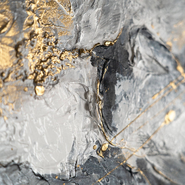 Gemälde "Puls der Erde" horizontale Abstraktion mit Graphit- und Goldtönen