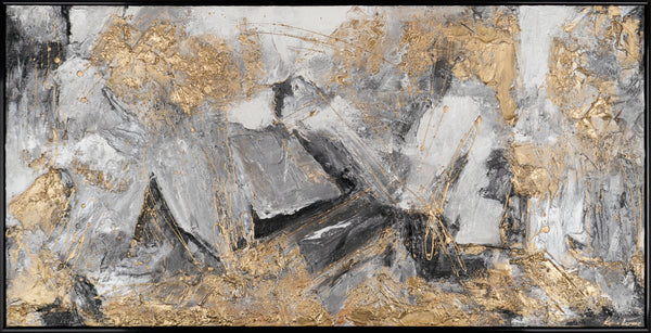 Gemälde "Puls der Erde" horizontale Abstraktion mit Graphit- und Goldtönen