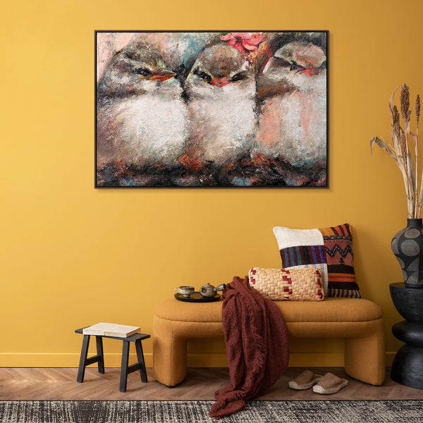 Gemälde „Vogelfamilie“ – horizontale Texturkomposition
