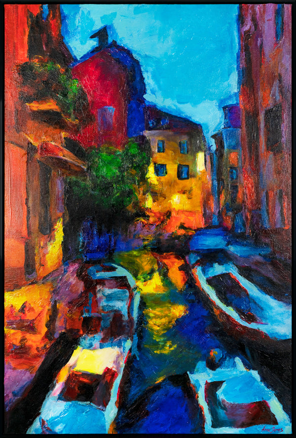 Gemälde "Abends in Venedig" vertikale Stadtlandschaft mit einem Wasserkanal