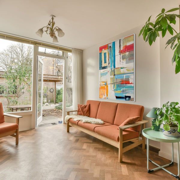 Gemälde "Architektur der Emotionen" vertikale Abstraktion mit geometrischen Blöcken