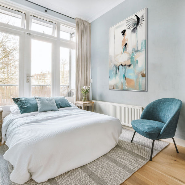 Gemälde „Zärtliche Bewegung“ vertikale figurative Komposition mit abstrakten Elementen.