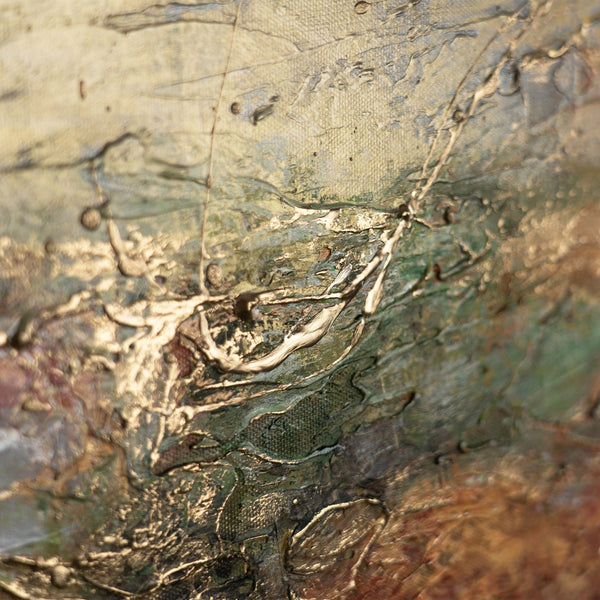 Gemälde "Pulsation der Erde" horizontale Abstraktion mit einer feurigen Tonpalette