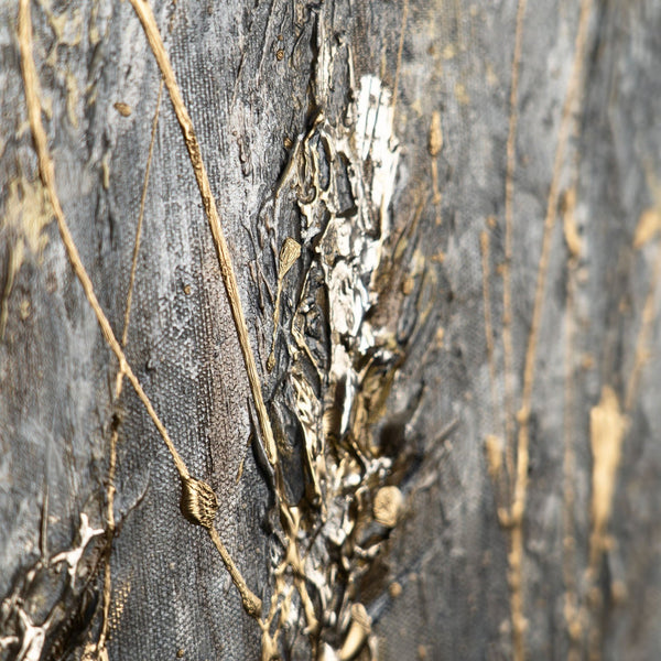 Gemälde "Seelenfrieden" horizontale Strukturkomposition mit Gold- und Grautönen