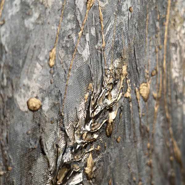 Gemälde "Seelenfrieden" horizontale Strukturkomposition mit Gold- und Grautönen