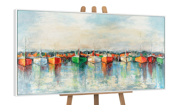 Gemälde "Die Ruhe des Hafens" horizontale Meeresszene mit leuchtenden Farben